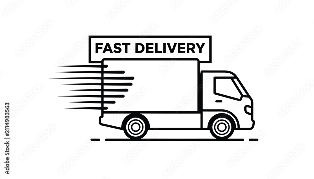 Fototapeta premium Line art illustration of a delivery van speeding forward with motion lines and a prominent fast delivery banner.