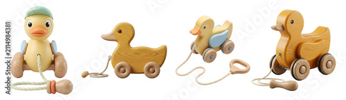 Collection of vintage wooden duck pull toys featuring smooth textures and pastel painted details presented together on transparent background