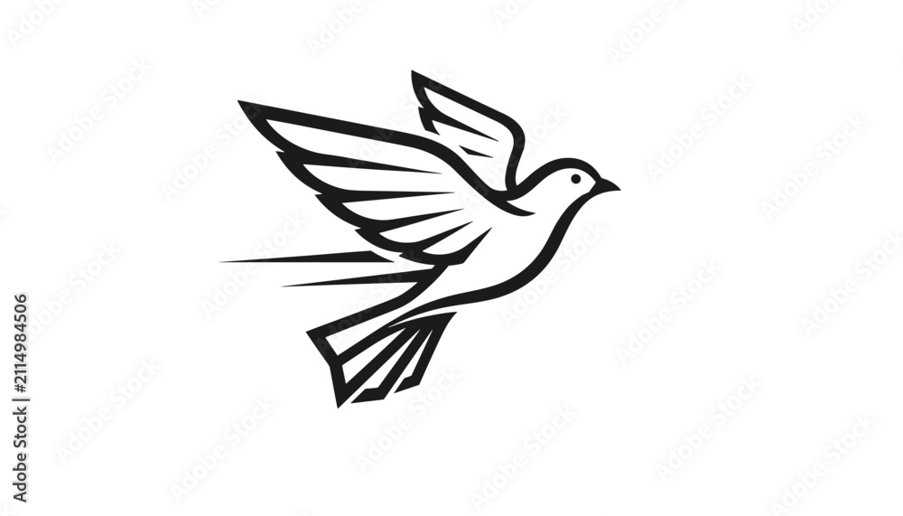 Fototapeta premium Black and white outline illustration of a flying dove, symbolizing peace, freedom, and hopeful messenger.