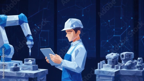 Industrial worker uses tablet near robotic arm