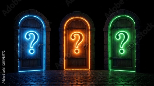 3D illustration of three closed doors glowing in blue, orange, and green lights with glowing question marks on each door against a black background, representing choice, decision-making, and mystery