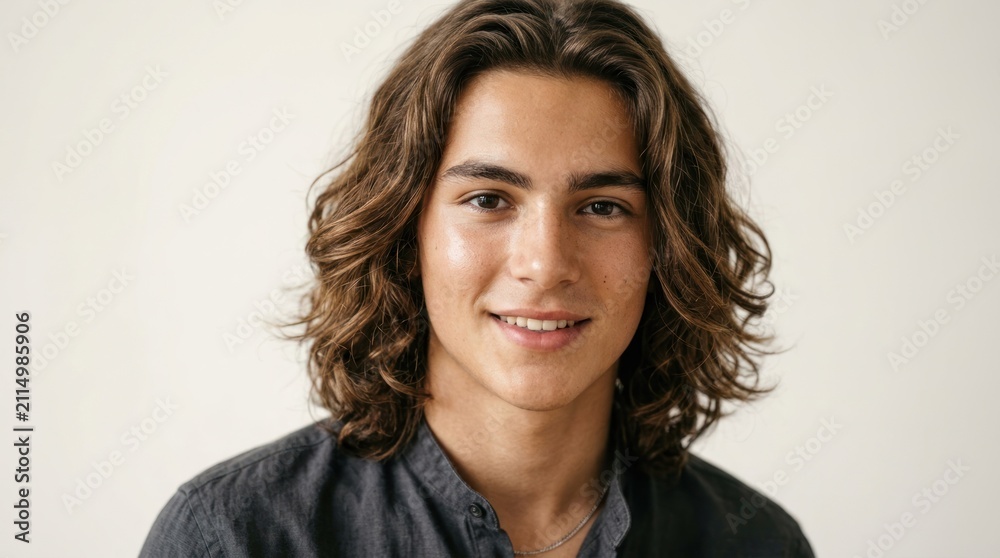Obraz premium A young man with long, wavy hair smiling against a plain background.