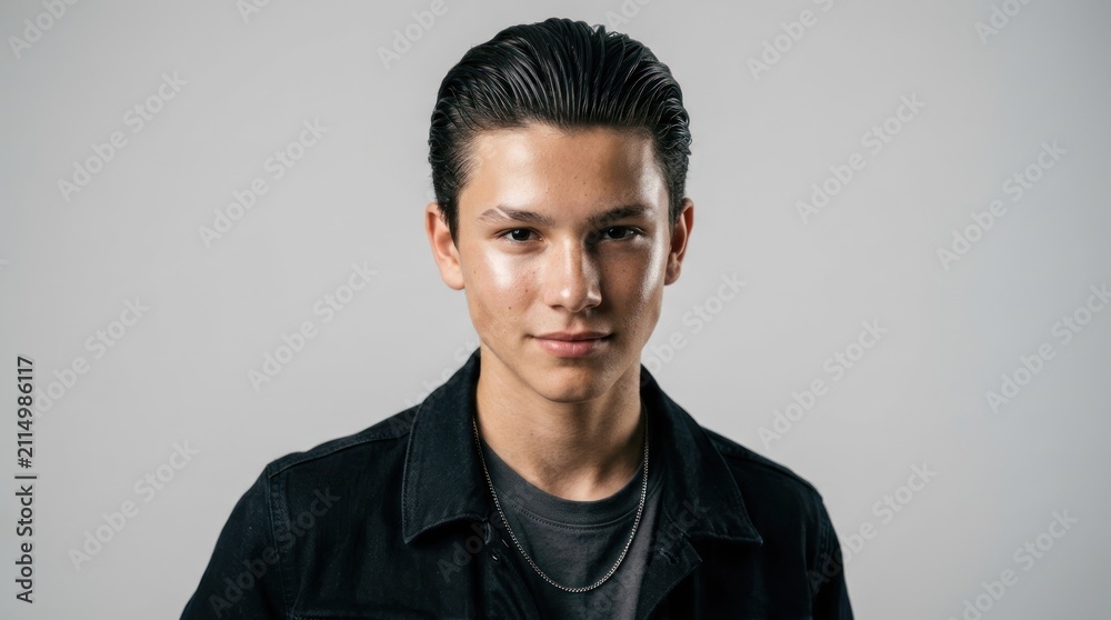 Obraz premium A young man with short hair wearing a black jacket and a gray t-shirt, standing against a plain white background.