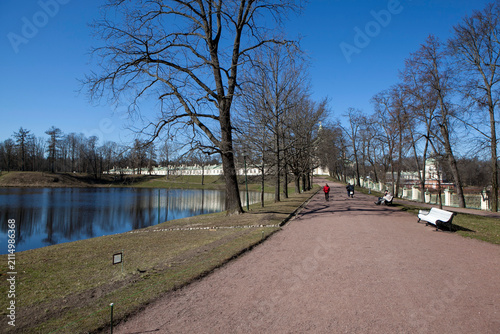 The picturesque lower pond overlooking the Big Menshikov Palace and the bridge over the Karasta River. Upper Park. Oranienbaum. Lomonosov. Saint Petersburg. Russia