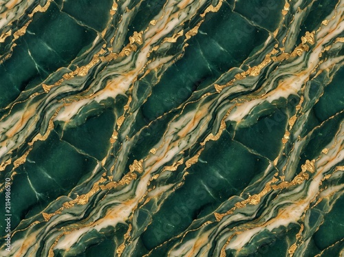 Konstfotografi A seamless organic pattern inspired by natural marble veins, gold leaf accents on a deep emerald green stone texture, luxury surface design