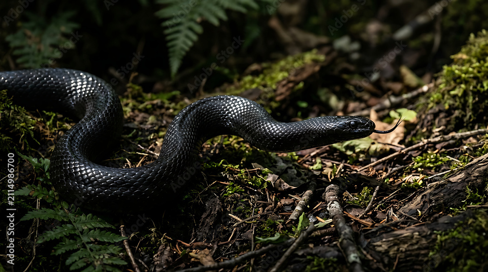 Fototapeta premium A Black Snake Slithers Through a Forest Floor, Catching Sunlight