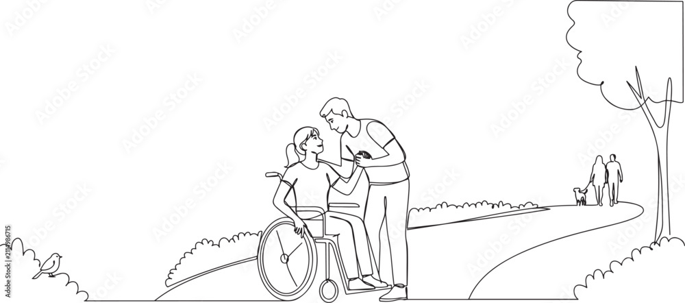 Fototapeta premium woman in wheelchair after car accident and her husband to give encouragement. Mutual care has made people with disabilities equality in society.one line vector drawing