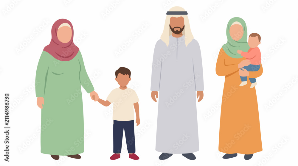 Fototapeta premium Illustrated Muslim family in traditional attire standing together