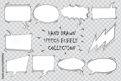 Hand Drawn Comic Speech Bubble Collection Set with Doodle Chat Balloons, Blank Dialogue Boxes, Sketch Callout Frames, Lightning Speech Shapes and Transparent Background PNG.