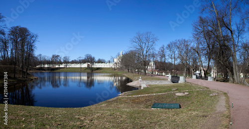The picturesque lower pond overlooking the Big Menshikov Palace and the bridge over the Karasta River. Upper Park. Oranienbaum. Lomonosov. Saint Petersburg. Russia