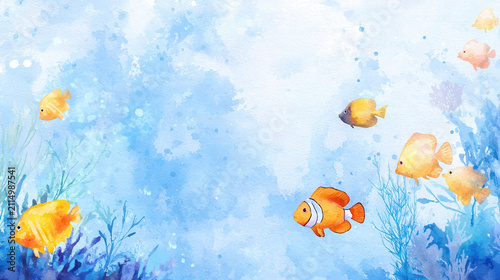 Colorful fish swimming in serene underwater scene, surrounded by vibrant aquatic plants and soothing blue background