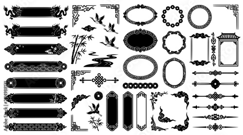 Traditional Chinese Dragon Crane Bamboo Decorative Border Frame Vector Collection Black and White