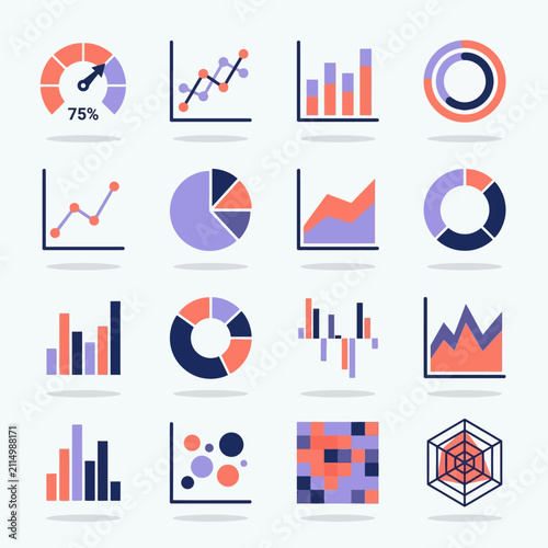 Collection of flat vector icons representing various financial graphs and data charts