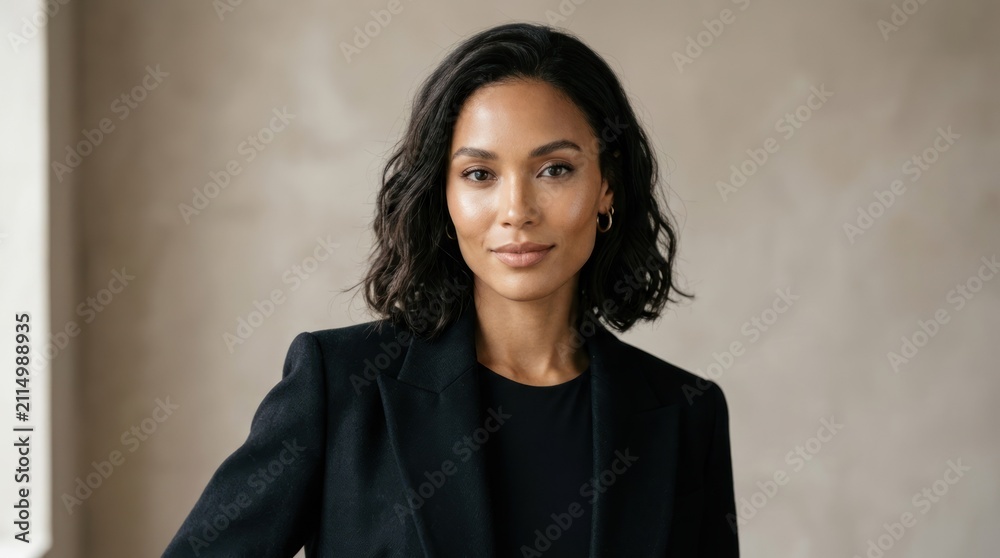 Fototapeta premium A woman in a black blazer and dress, standing in a minimalist, neutral-colored room with a light-colored wall and floor.
