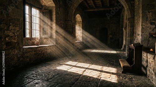 Sunlight streaming through a window onto a textured stone floor, casting dramatic light beams and shadows inside a dark room to create a peaceful and spiritual atmosphere