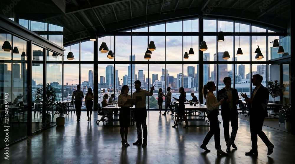 Fototapeta premium Silhouetted business professionals networking in a modern skyscraper office with panoramic city skyline views at sunset