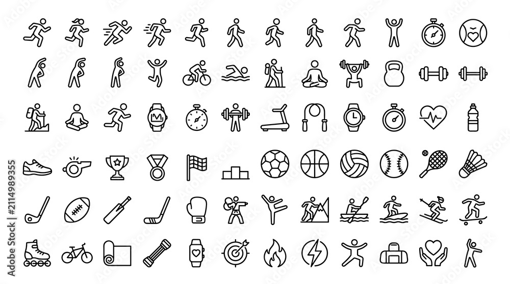 Fototapeta premium Set of 60 Sports and Active Lifestyle Outline Icons Featuring Running, Fitness, Team Sports, Exercise, and Athletic Equipment Editable Stroke Vector Collection