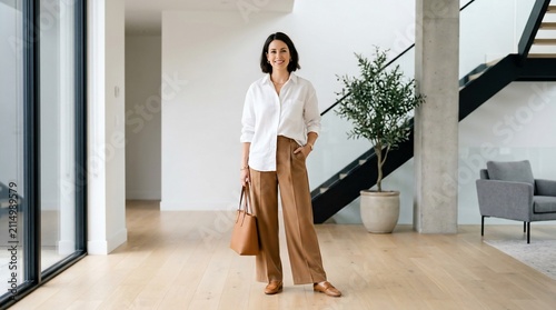 Confident professional woman standing in bright modern home interior wearing stylish white shirt and brown trousers with handbag