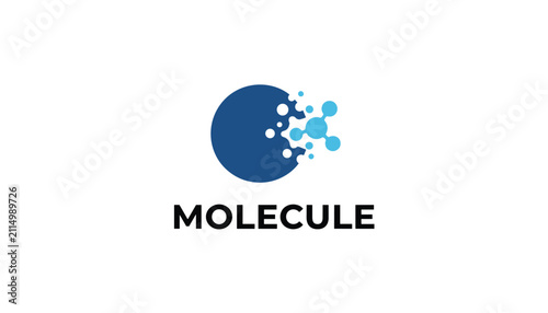 Creative abstract logo showing a solid blue circle decomposing into micro molecular particles on white background.