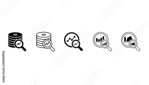 Data analytics and business statistics icons showing database storage and magnifying glass search analysis.