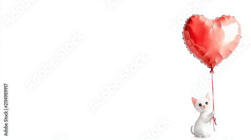 Cute white cat holding red heart shaped balloon, symbolizing love and joy. playful expression adds charming touch to scene