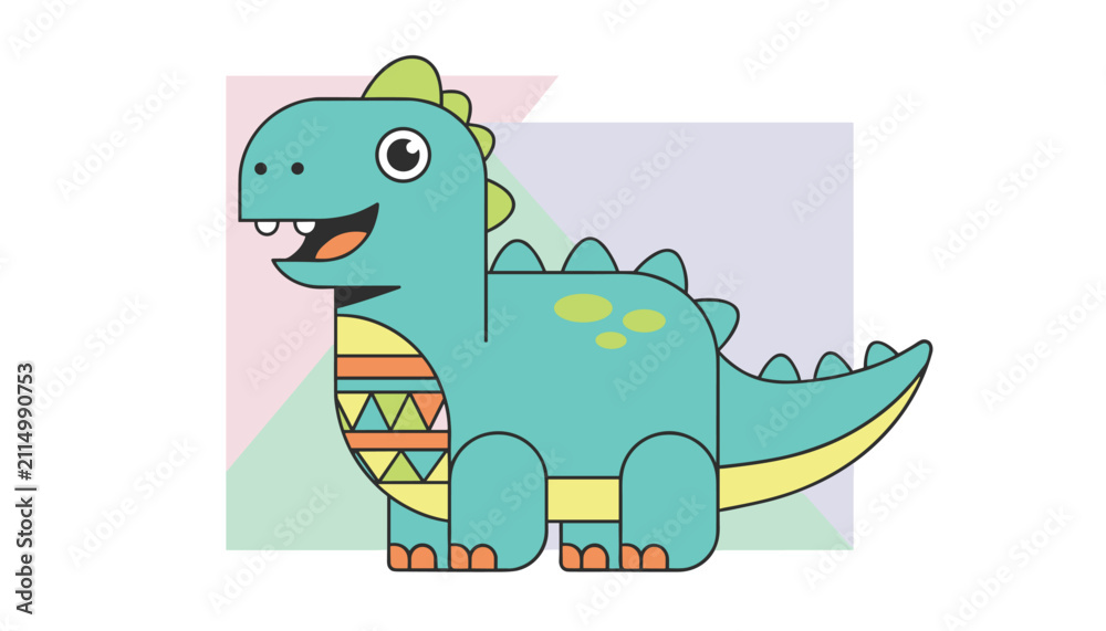 Fototapeta premium Playful turquoise cartoon dinosaur with a colorful tribal pattern on its chest, set against a pastels geometric backdrop.
