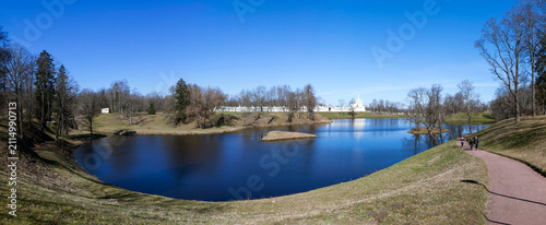 The picturesque lower pond overlooking the Great Menshikov Palace. Upper Park. Oranienbaum. Lomonosov. Saint Petersburg. Russia