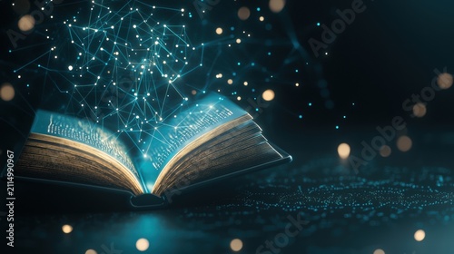 Book Data Visualization An open book icon with glowing lines of code and data points emanating from it, symbolizing the connection between traditional knowledge and digital innovation.
