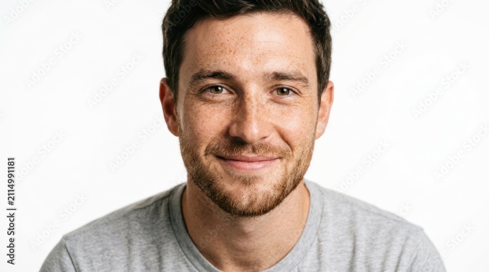 Fototapeta premium A man with short hair and a beard, wearing a gray t-shirt, smiling and looking directly at the camera.