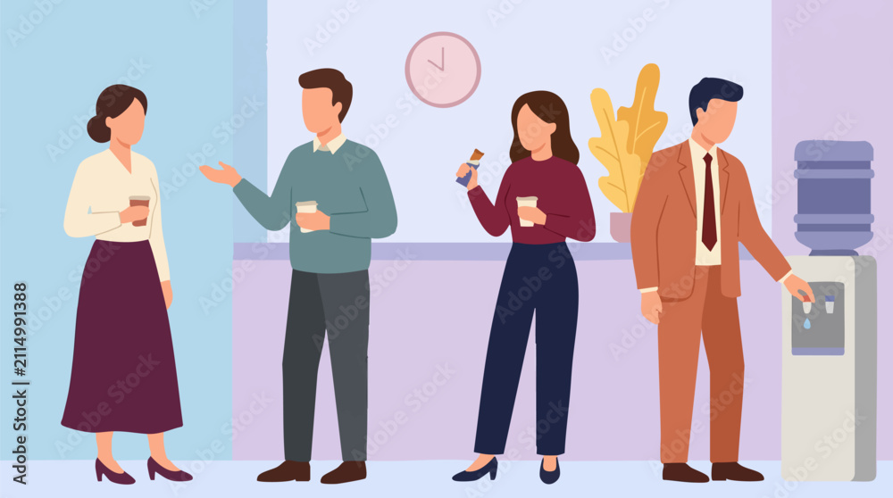 Obraz premium Office colleagues taking a refreshment break, talking and having snacks