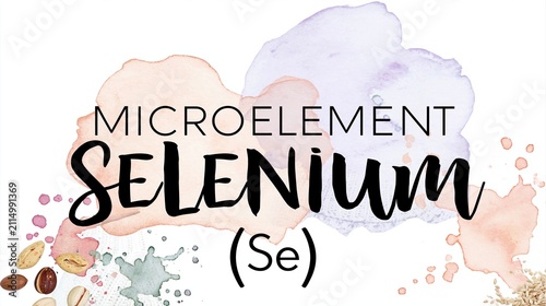 Selenium microelement symbol Se with watercolor background and nuts