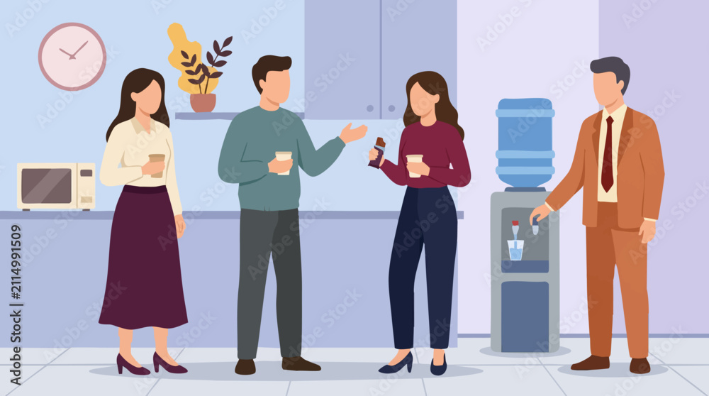 Obraz premium Colleagues on coffee break in office pantry, talking and relaxing