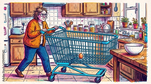 One egg takes an oversized shopping cart through the kitchen