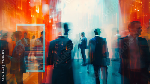 Business professionals walk through a modern office corridor creating a dynamic atmosphere of motion blur.