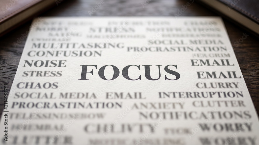 Fototapeta premium ocused Mind Among Blurred Distractions – Realistic Macro Typography Concept