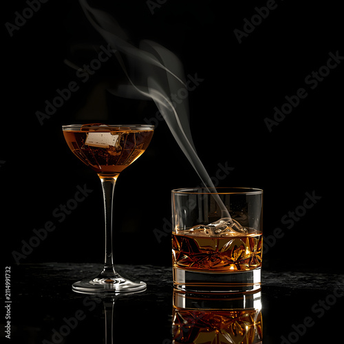 Luxury Whiskey Glass and Cocktail Coupe on Black Background