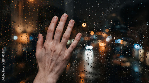 A melancholic view of a hand touching a rain-streaked window pane at night with blurry city lights in the background symbolizing sadness and loneliness