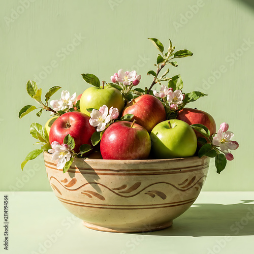 Fresh Red and Green Apples with Apple Blossoms in Rustic Ceramic Bowl