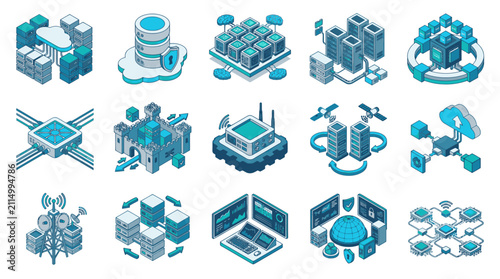 Isometric Technology Network and Data Center Icons.
