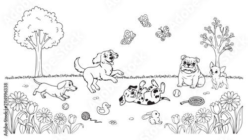 Fotografie Playful pups frolic in a garden with flowers and fluttering butterflies