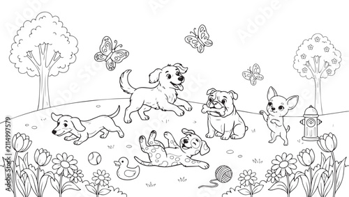 Obraz na płótnie Playful puppies and butterflies frolic in a whimsical garden scene