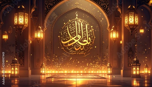 Radiant Islamic Calligraphy and Lanterns - A Festive Ramadan Scene.