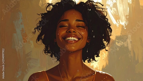 Radiant Joy - A Portrait of a Smiling Woman with Curly Hair.