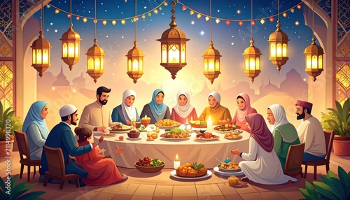 Ramadan Family Iftar Gathering Under Lanterns Illustration.