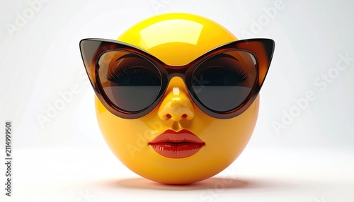 Whimsical Emoji Portrait - Yellow Sphere with Sunglasses and Lips.