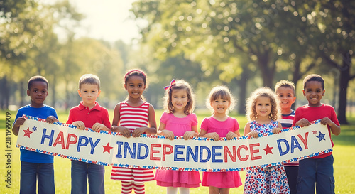 Children stand in a grassy park holding a horizontal banner that celebrates American Independence Day.