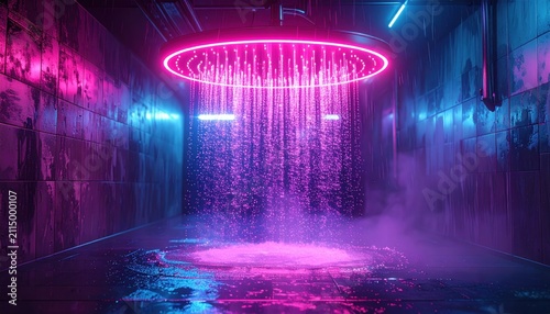 Neon-lit waterfall in a futuristic, cyberpunk-inspired underground setting.
