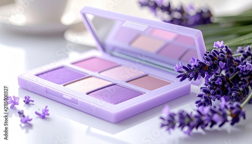 Pastel eyeshadow palette with lavender flowers for a soft makeup look.