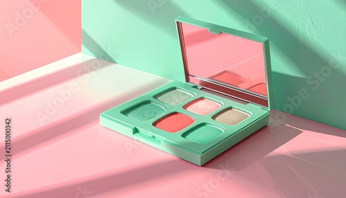 Pastel eyeshadow palette with mirror on pink and mint background.