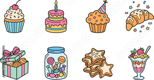Photography Hand drawn birthday sweets and party desserts vector collection featuring cupcak